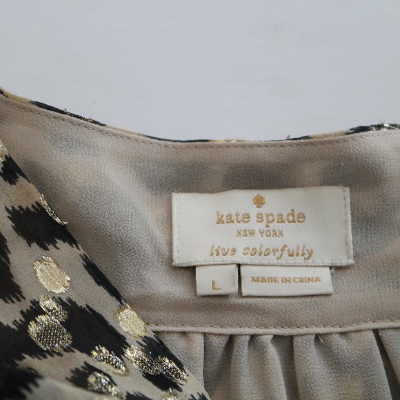 Kate Spade Leopard Print Tie-neck Chiffon Top with Metallic Size Large Gold - Picture 7 of 8